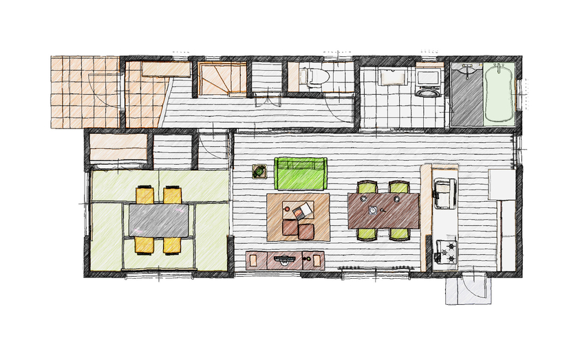 アイダ設計 【間取り図有/30坪台/4LDK/小屋裏収納】続きバルコニーで布団干しも便利！担当と安心して建てる注文住宅の間取り図（4LDK）1階