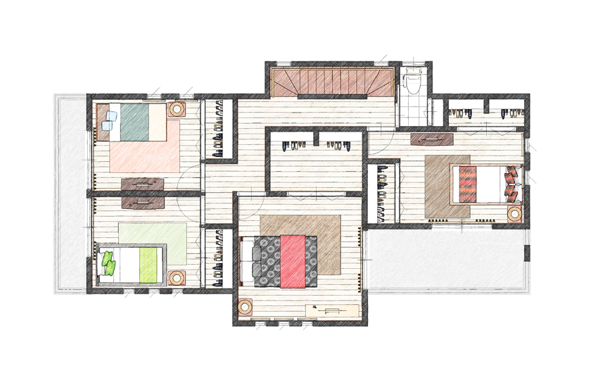 アイダ設計 【間取り図有/30坪台/ウッドデッキ/5LDK＋小屋裏収納】子どもたちの成長を視野に入れた収納十分な横長の家の間取り図（5K以上）2階