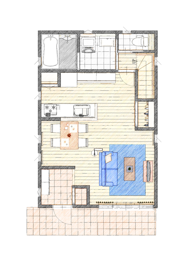 アイダ設計 【間取り図有/2階建て/20坪台/小屋裏収納】子育てにも快適　日当たりの良さをそのまま活かした設計の間取り図（3LDK）1階