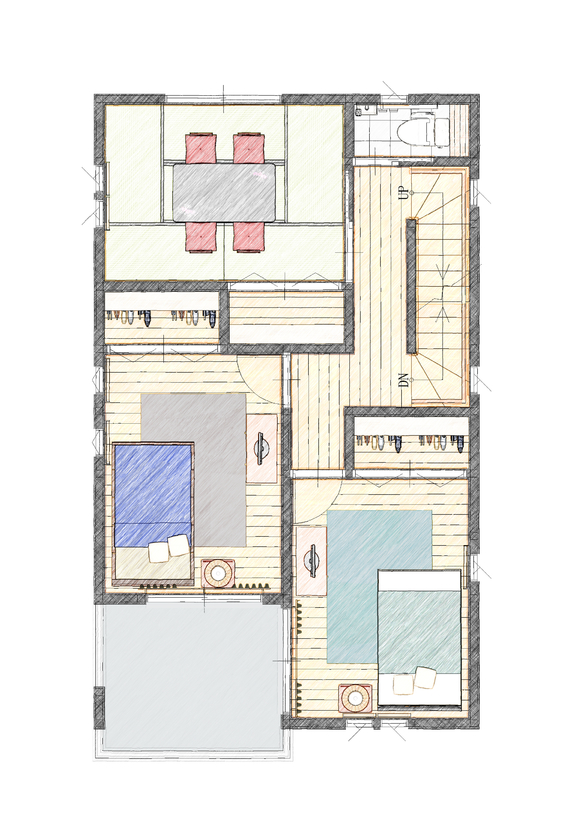 アイダ設計 【間取り図有/2階建て/20坪台/小屋裏収納】子育てにも快適　日当たりの良さをそのまま活かした設計の間取り図（3LDK）2階