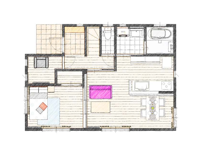 アイダ設計 【間取り図有/3階建て/30坪台】家族が安全で快適に過ごせる家を追求して実現の間取り図（5K以上）1階