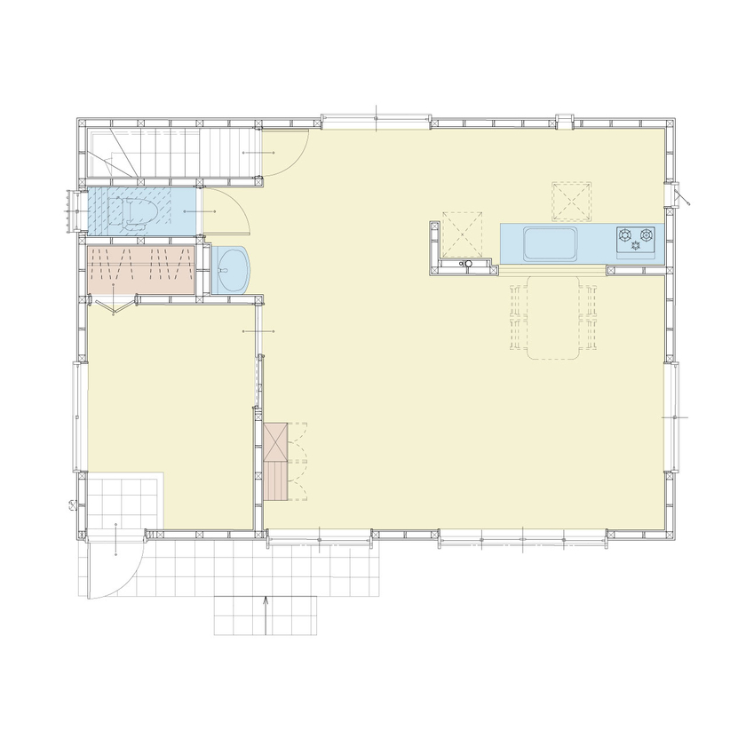 アイダ設計 【間取り図有/20坪台/3LDK/店舗兼用】フラダンス教室、美容院、居住空間、各スペースに配慮した設計の家の間取り図（3LDK）1階