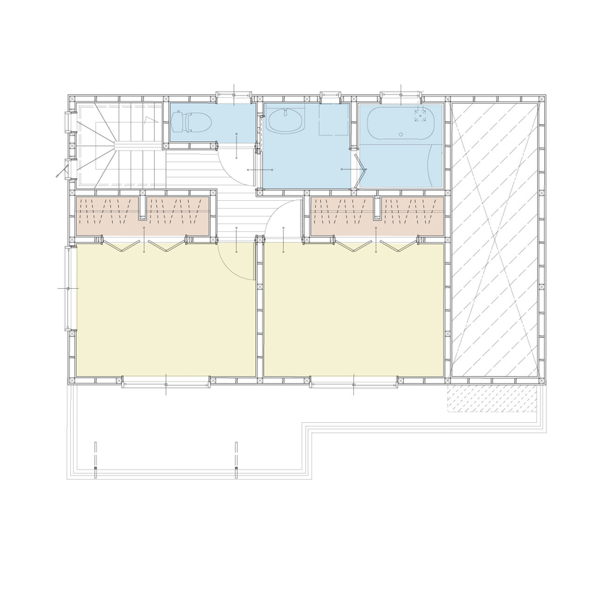 アイダ設計 【間取り図有/20坪台/3LDK/店舗兼用】フラダンス教室、美容院、居住空間、各スペースに配慮した設計の家の間取り図（3LDK）2階