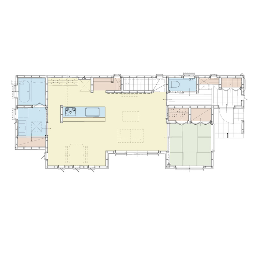 アイダ設計 【間取り図有/30坪台/収納充実/ペニンシュラキッチン】19帖の広々リビングは家族の憩いのスペースの間取り図（4LDK）1階