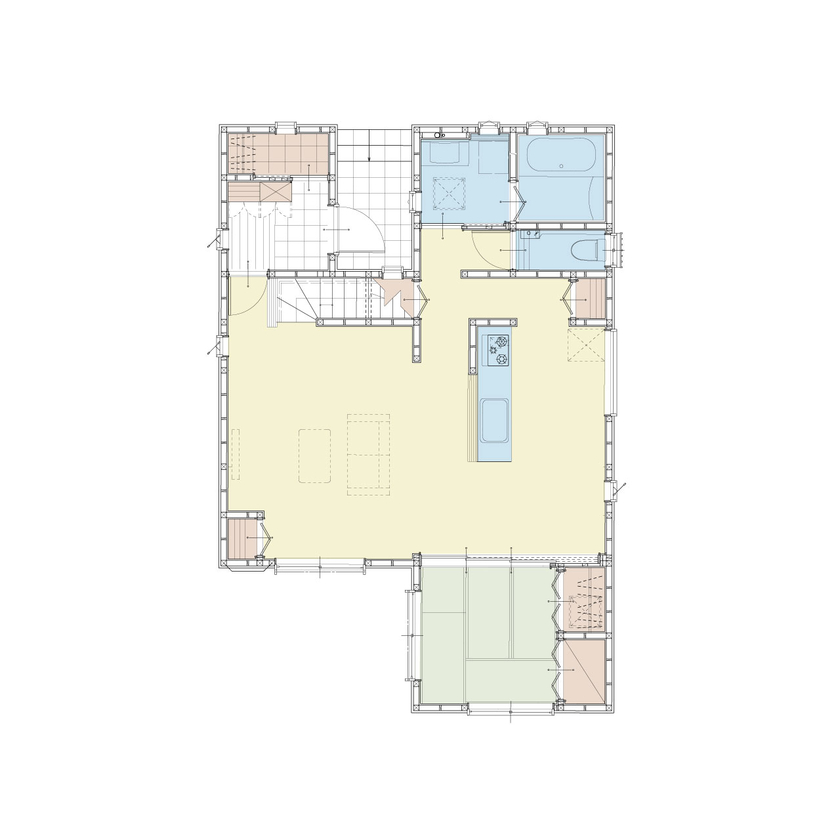 アイダ設計 【間取り図有/30坪台/ペニンシュラキッチン/太陽光発電】玄関や小屋裏収納など収納豊富で家中スッキリの間取り図（4LDK）1階