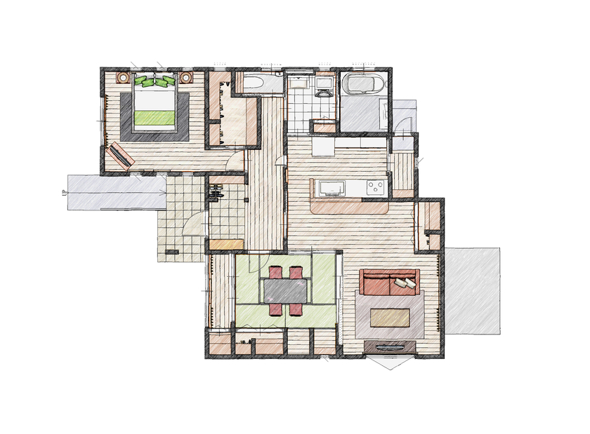 アイダ設計 【間取り図有/20坪台/平屋/太陽光発電/オール電化】将来を見すえた設計で、風が通り抜ける和室のある平屋の間取り図（2LDK）1階