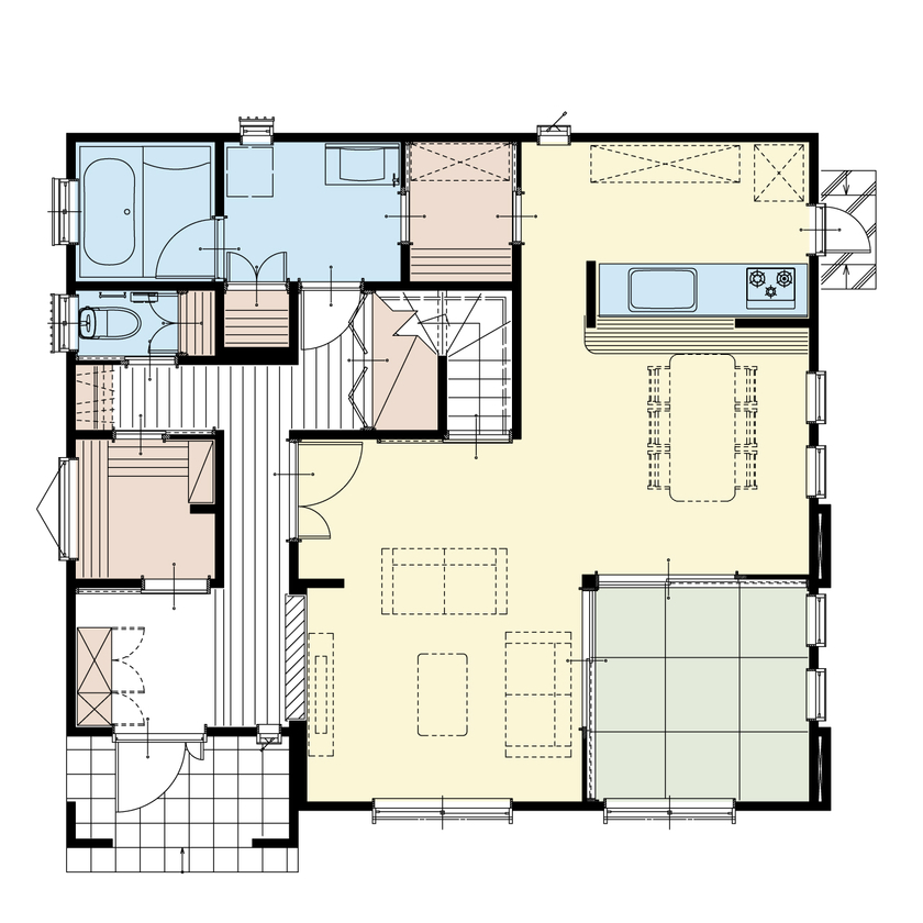 アイダ設計 【パントリー/家事ラク/間取り図】こだわりの収納スペースで綺麗な状態キープ　シンプルなローコスト住宅の間取り図（3LDK）1階