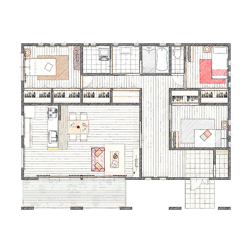 アイダ設計 【間取り図有/平屋/30坪台】太陽光発電やオール電化を採用、将来を見据えた使い勝手のよい平屋の二世帯住宅の間取り図（3LDK）1階