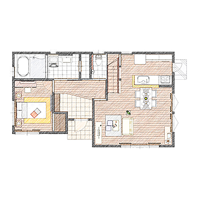 アイダ設計 【間取り図有/30坪台/リビングイン階段/4LDK】折り上げ天井/収納工夫などアイデアの詰まったオール電化住宅の間取り図（4LDK）1階
