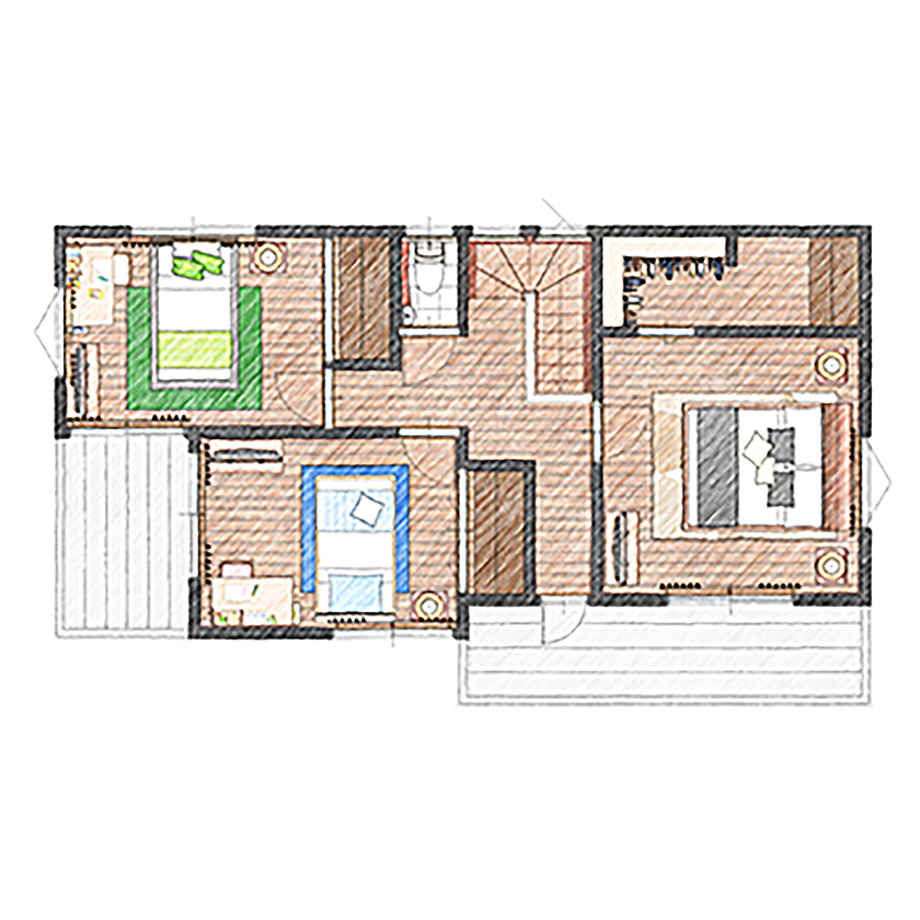 アイダ設計 【間取り図有/30坪台/リビングイン階段/4LDK】折り上げ天井/収納工夫などアイデアの詰まったオール電化住宅の間取り図（4LDK）2階