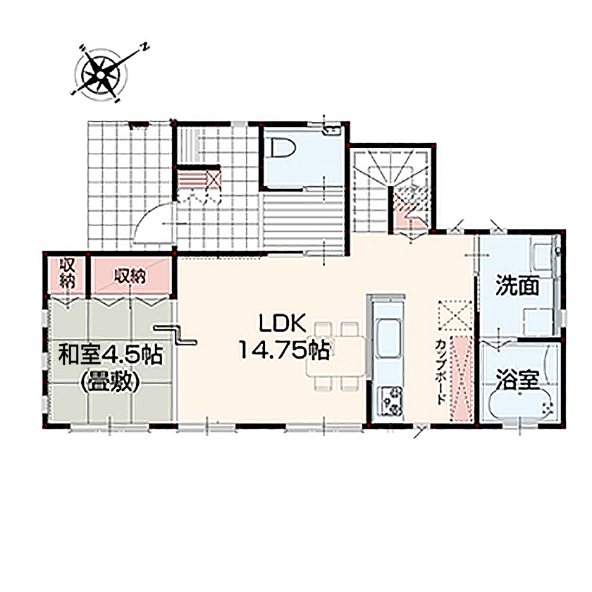 アイダ設計 【収納充実/4LDK/30坪台】バリ風のインテリアに、モダンで高級感のある鏡面仕上げの床材を使用した注文住宅の間取り図（4LDK）1階