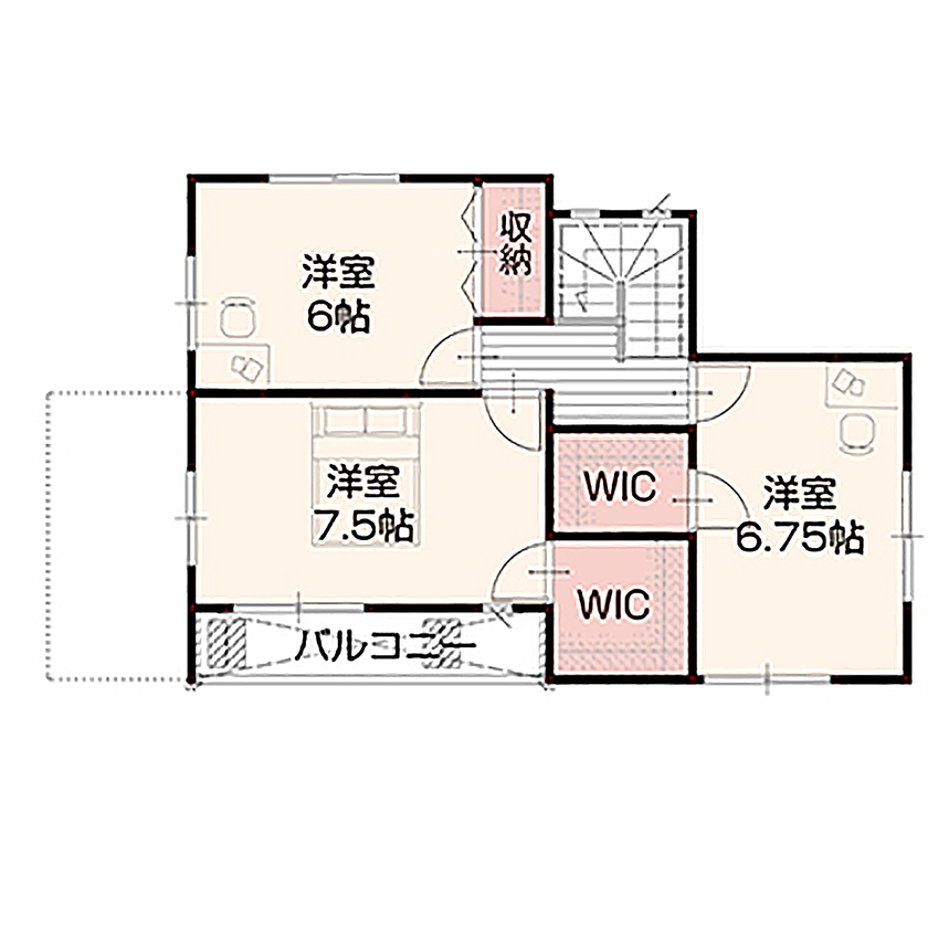 アイダ設計 【収納充実/4LDK/30坪台】バリ風のインテリアに、モダンで高級感のある鏡面仕上げの床材を使用した注文住宅の間取り図（4LDK）2階