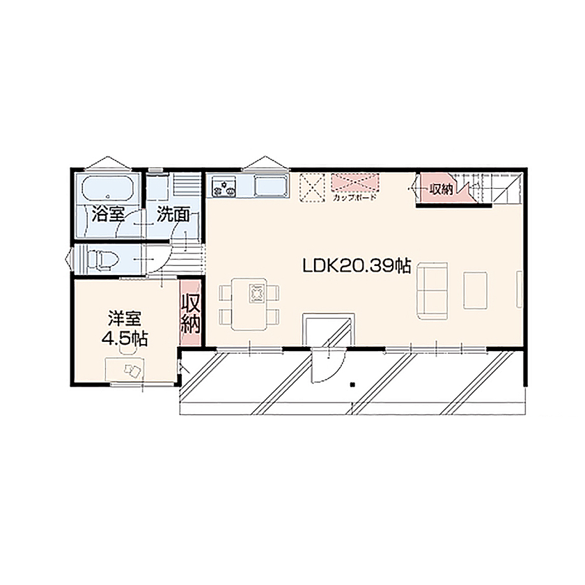 アイダ設計 【間取り図有/20坪台/家事動線】コストを抑えつつ、こだわりをすべて実現できたアメリカンテイスト住宅の間取り図（3LDK）1階