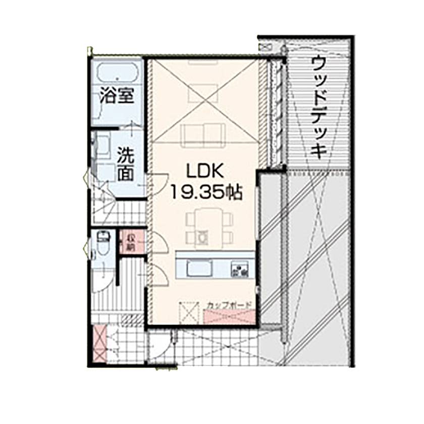 アイダ設計 【間取り図有/30坪台/3階建て/吹き抜け/広々LDK】限られた空間を最大限に生かした、ホテルライクな家の間取り図（3LDK）1階