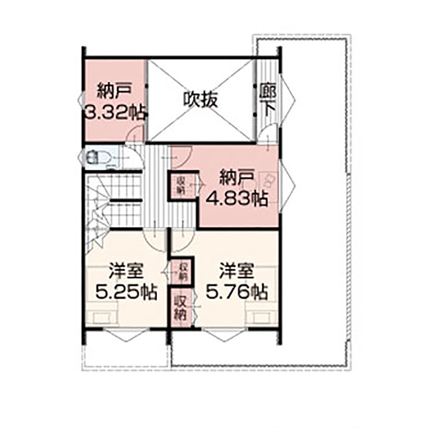 アイダ設計 【間取り図有/30坪台/3階建て/吹き抜け/広々LDK】限られた空間を最大限に生かした、ホテルライクな家の間取り図（3LDK）2階