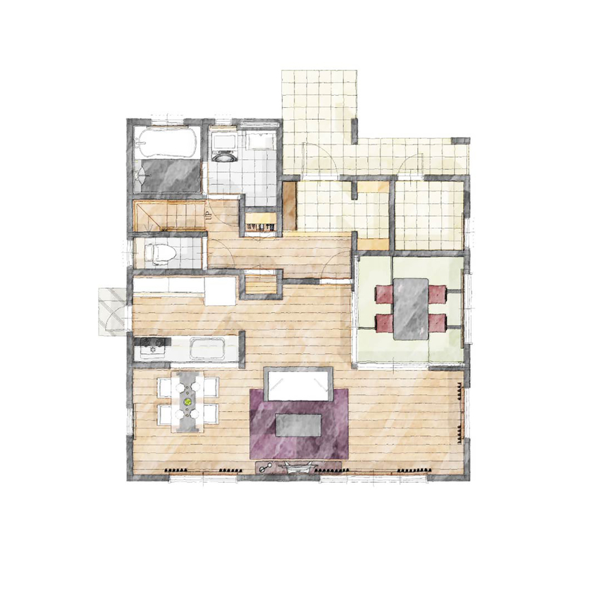 アイダ設計 【間取り図有/南欧風/自由設計/広々リビング/30坪台】夫婦の理想が詰まった、自由度の高い間取りが魅力の間取り図（4LDK）1階