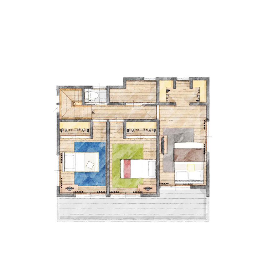 アイダ設計 【間取り図有/南欧風/自由設計/広々リビング/30坪台】夫婦の理想が詰まった、自由度の高い間取りが魅力の間取り図（4LDK）2階