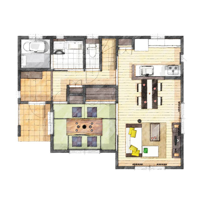 アイダ設計 【間取り図有/30坪台/ペットと暮らす/収納充実】ペットと家族が快適に過ごせる工夫が満載の家の間取り図（4LDK）1階
