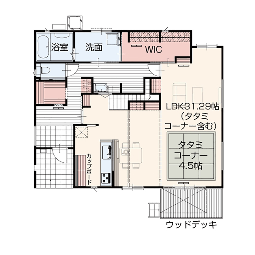 アイダ設計 【間取り図有/30帖超のLDK/ウッドデッキ/40坪台/回遊動線】木のぬくもりと開放感を実現したZEH住宅の間取り図（4LDK）1階