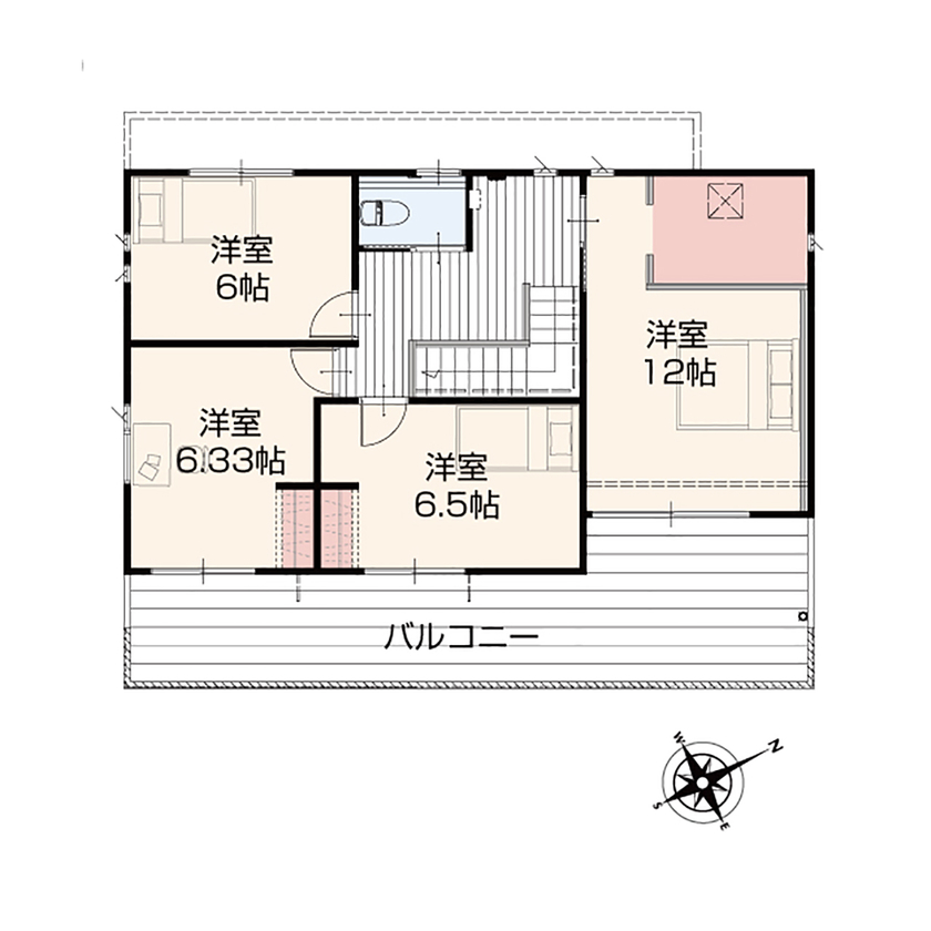 アイダ設計 【間取り図有/30帖超のLDK/ウッドデッキ/40坪台/回遊動線】木のぬくもりと開放感を実現したZEH住宅の間取り図（4LDK）2階