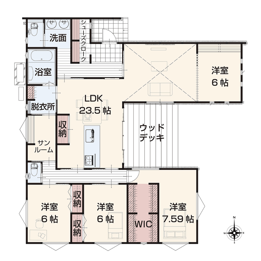 アイダ設計 【間取り図有/回遊動線/30坪台/ウッドデッキ/自由設計】個性的なデザインと暮らしやすさを両立した平屋の家の間取り図（4LDK）1階