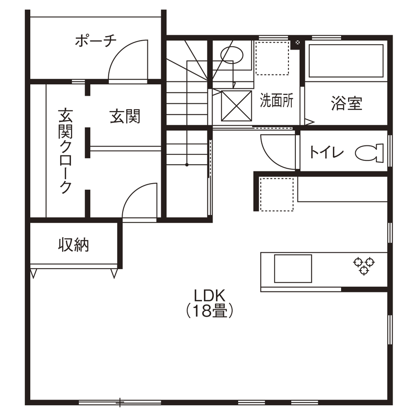 ハウスジャパン 【本体価格1690万円|間取り図有|ナチュラル|30坪】おしゃれな見せる収納！無垢材のあたたかい家の間取り図（3LDK）1階