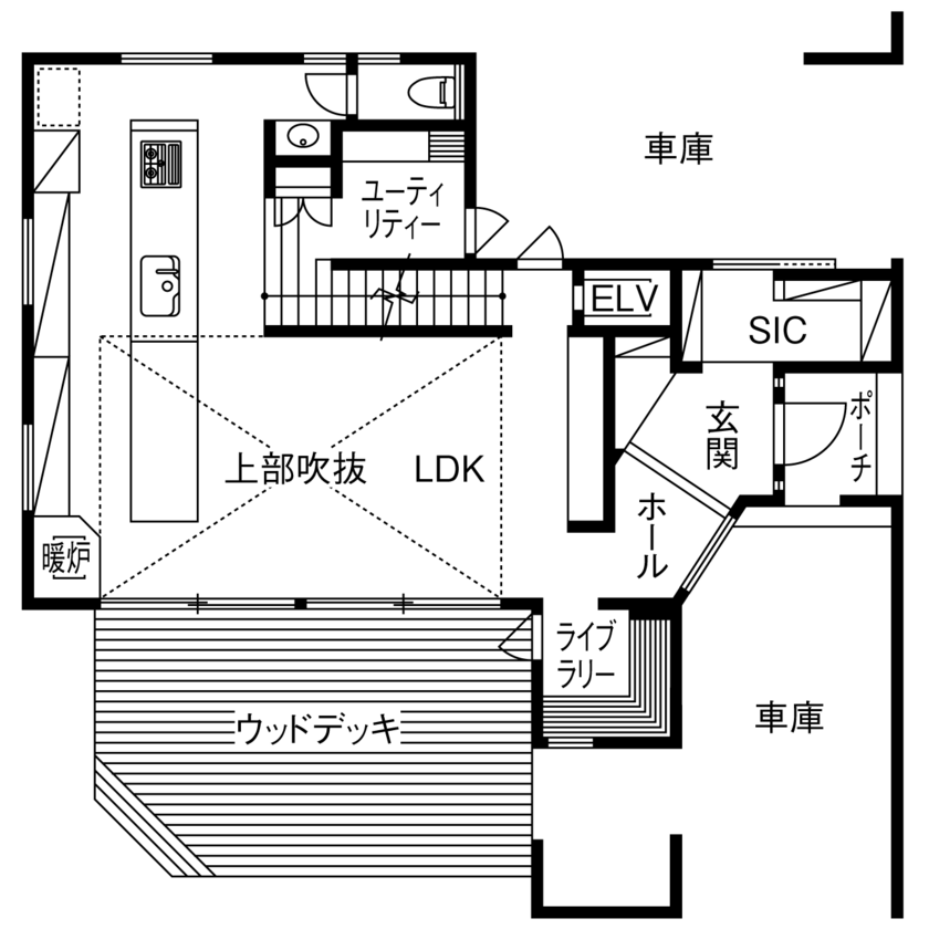 山下建設 【3000万円台/ビルトインガレージ/太陽光発電/湘南暮らし】吹き抜けと大空間リビングがこだわりの住まいの間取り図（3LDK＋ロフト）１階