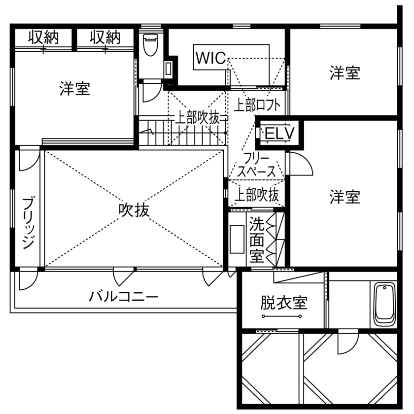 山下建設 【3000万円台/ビルトインガレージ/太陽光発電/湘南暮らし】吹き抜けと大空間リビングがこだわりの住まいの間取り図（3LDK＋ロフト）２階
