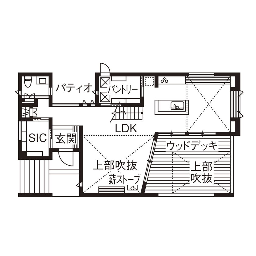 山下建設 【ZEH/ウッドデッキ】光と風が心地いい。素材、デザインにこだわった“自分らしい家”の間取り図（1LDK）1階