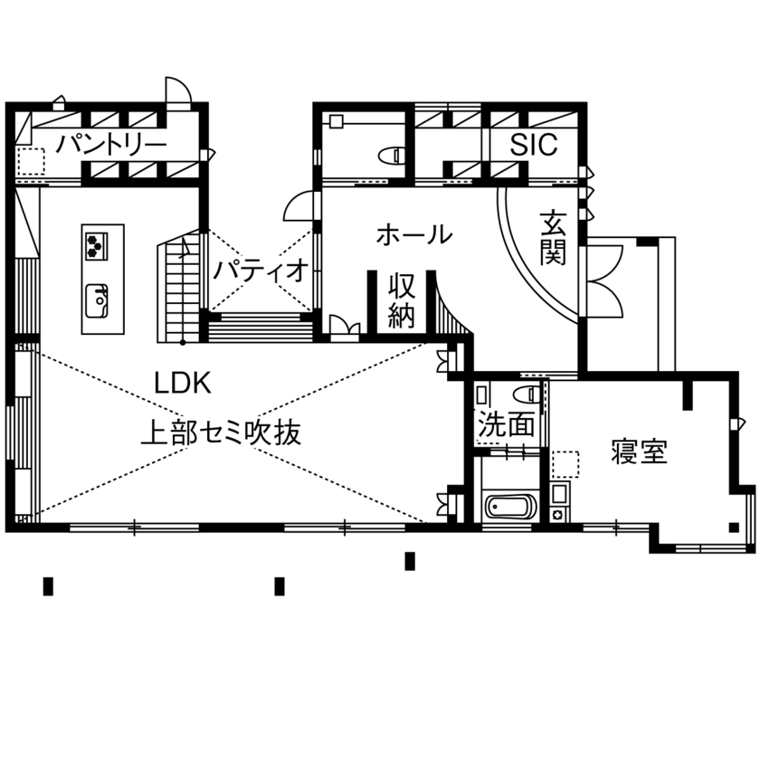 山下建設 【4000万円～／ビルトインガレージ／中庭／地下室／間取図有】ハイクラスホテルのような雰囲気を纏う住まいの間取り図（3LDK）1階