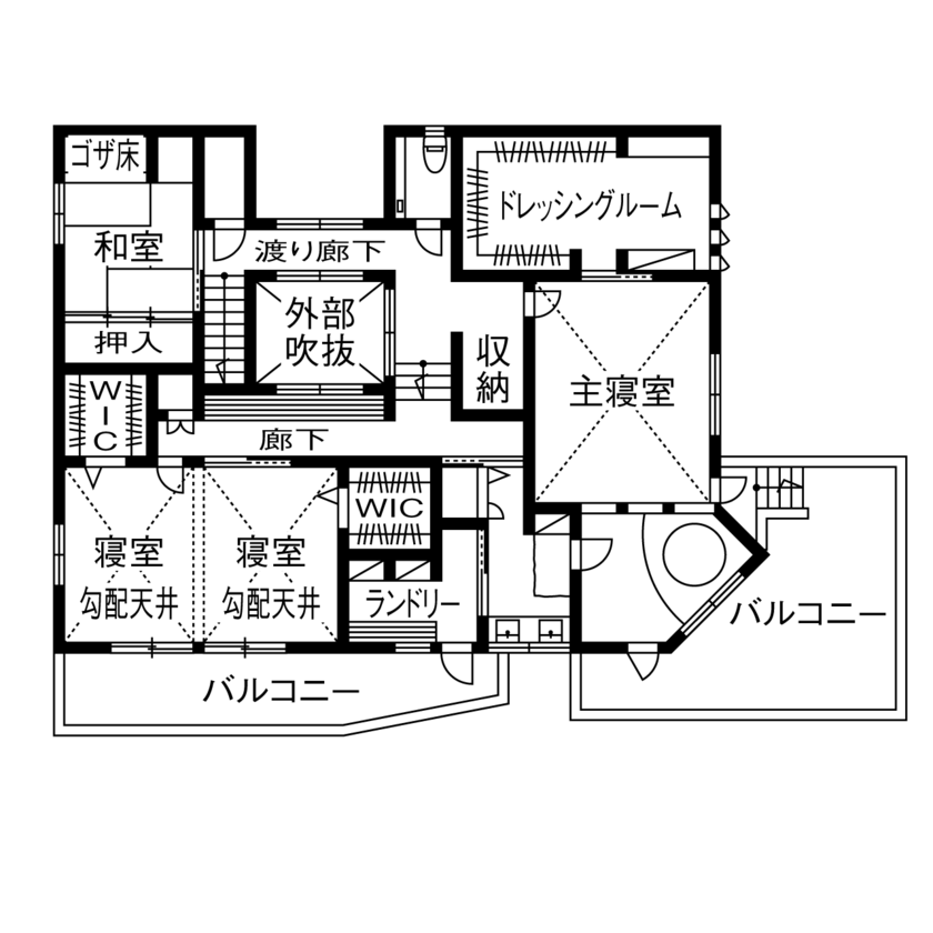 山下建設 【4000万円～／ビルトインガレージ／中庭／地下室／間取図有】ハイクラスホテルのような雰囲気を纏う住まいの間取り図（3LDK）2階