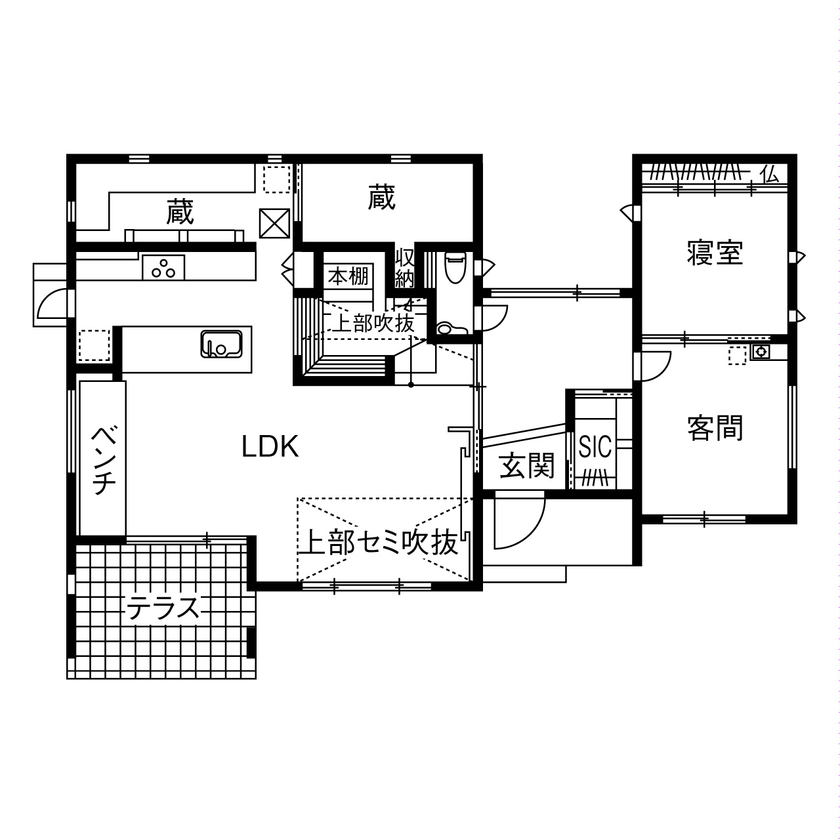 山下建設 【4000万円～／ホームシアター／テラス／間取図あり】子どもたちの笑顔が嬉しい！遊び心を随所に反映した家の間取り図（4LDK）1階