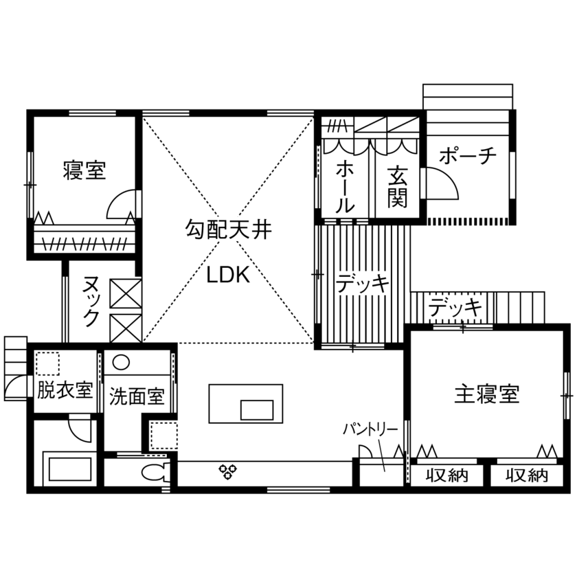 山下建設 【平屋／ウッドデッキ／間取図有】広く開放的なリビングと造形美溢れるウッドデッキを持つ、帰りたくなる家の間取り図（2LDK+ヌック）1階