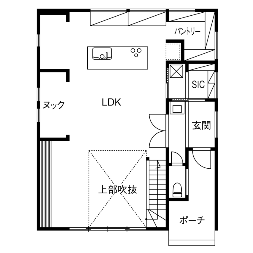 山下建設 【吹抜／ヌック／テラス／間取図】湘南の暮らしを満喫。シンプルモダンにアンティークな彩りを添えた住まいの間取り図（2LDK＋ロフト＋ヌック）1階