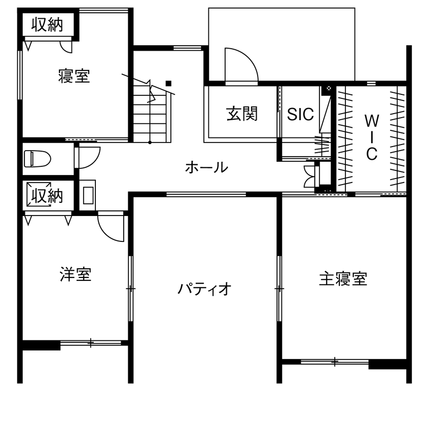 山下建設 【パティオ／収納充実／2階リビング／間取図】光と開放感の心地よさ。景色の愉しみ、愛犬との時間を重ねるの間取り図（3LDK+WIC+SIC）1階
