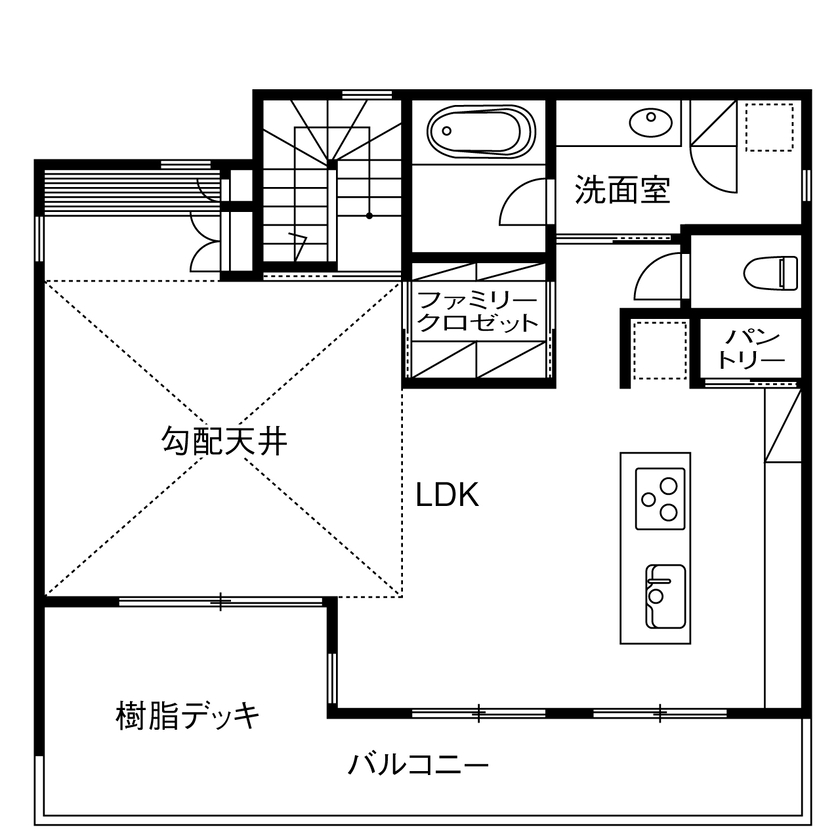山下建設 【パティオ／収納充実／2階リビング／間取図】光と開放感の心地よさ。景色の愉しみ、愛犬との時間を重ねるの間取り図（3LDK+WIC+SIC）2階