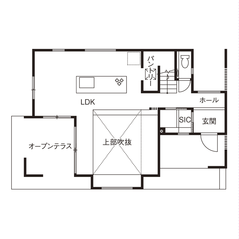 山下建設 【吹抜／ウッドデッキ／間取図】ダウンリビングと豊かな暮らしを。緑と光と影が織りなす居心地のよい家の間取り図（3LDK＋ロフト+WIC+SIC）1階