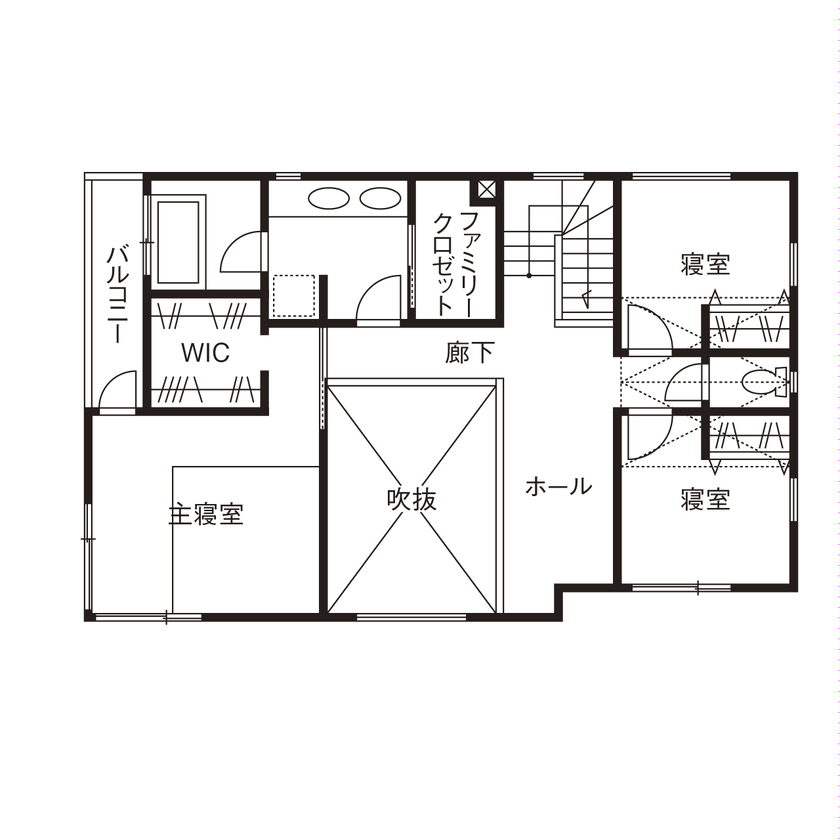 山下建設 【吹抜／ウッドデッキ／間取図】ダウンリビングと豊かな暮らしを。緑と光と影が織りなす居心地のよい家の間取り図（3LDK＋ロフト+WIC+SIC）2階