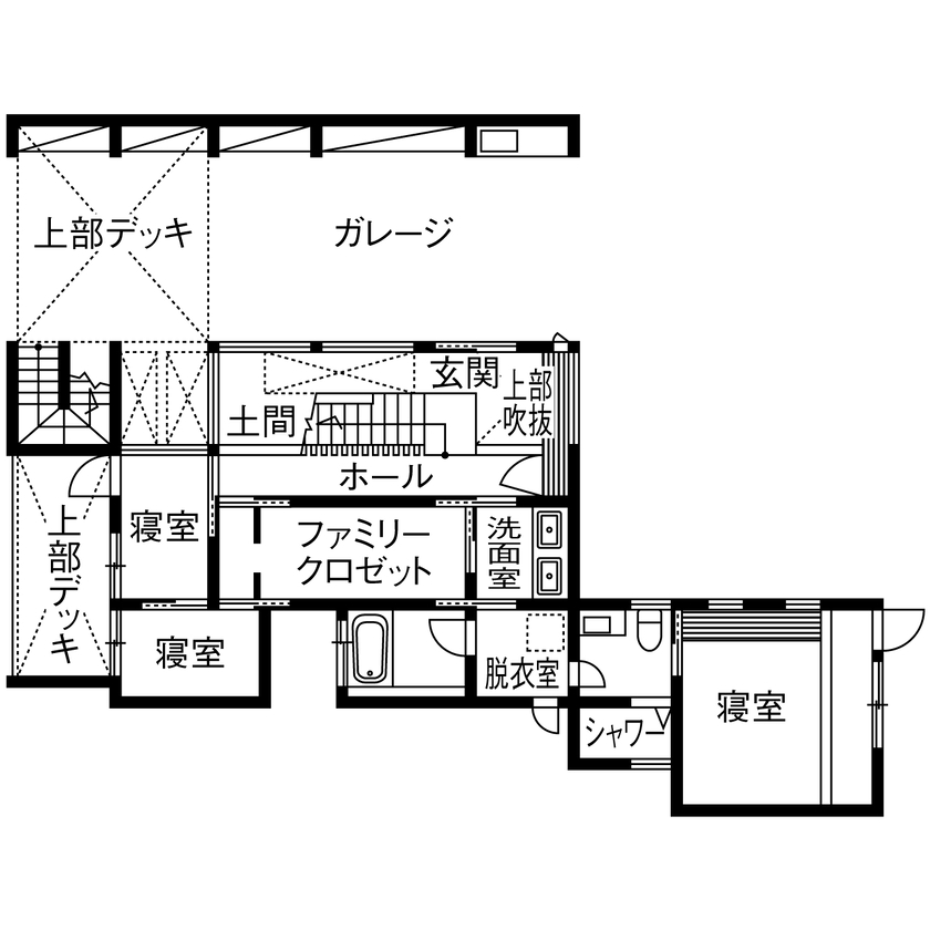 山下建設 【2階リビング／ビルトインガレージ／バルコニー／間取図】空と海を感じ、アウトドアリビングを楽しむ家の間取り図（3LDK+ロフト）1階
