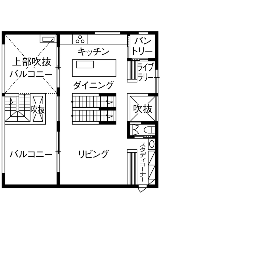 山下建設 【2階リビング／ビルトインガレージ／バルコニー／間取図】空と海を感じ、アウトドアリビングを楽しむ家の間取り図（3LDK+ロフト）2階
