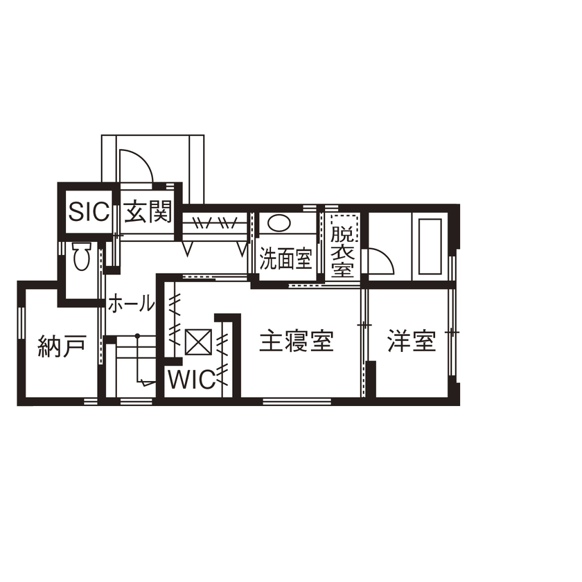山下建設 【3000万円台／変形地／2階リビング／間取図】漆喰や無垢材などの自然素材で、海に面した敷地を活かした家の間取り図（2LDK+納戸+ロフト）1階