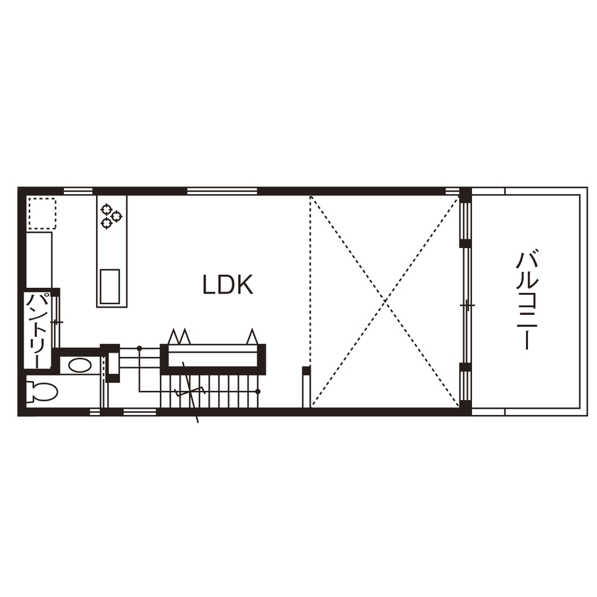 山下建設 【3000万円台／変形地／2階リビング／間取図】漆喰や無垢材などの自然素材で、海に面した敷地を活かした家の間取り図（2LDK+納戸+ロフト）2階