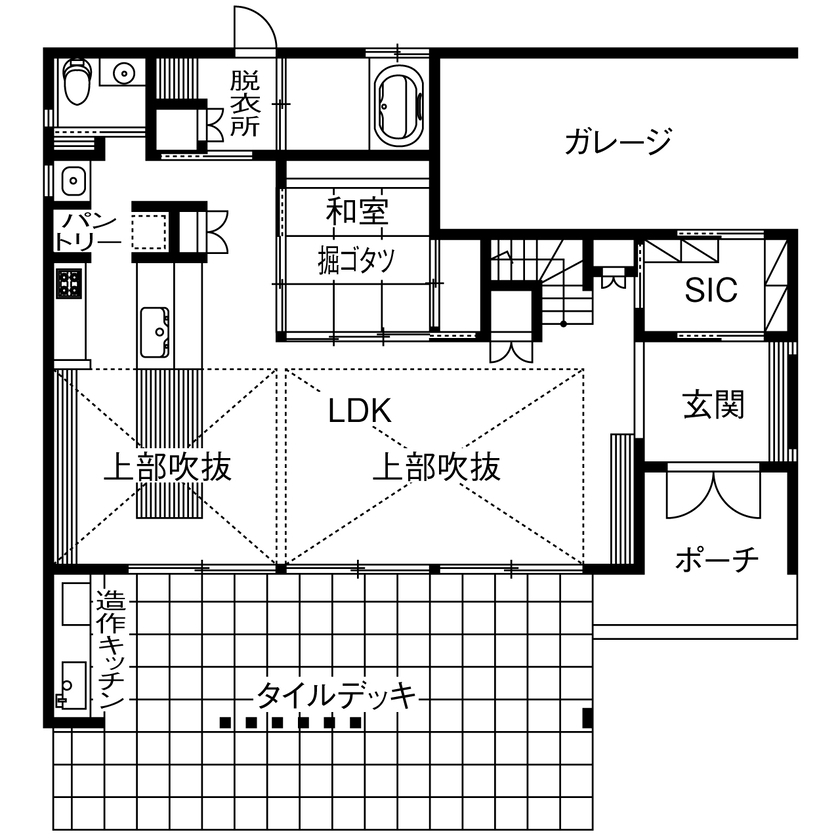 山下建設 【吹抜／ビルトインガレージ／間取図】湘南に建てた邸宅で、日本で過ごすひと時を優雅に、快適にの間取り図（3LDK+書斎+納戸）1階