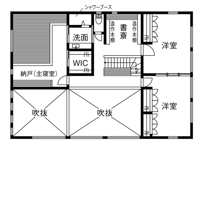 山下建設 【吹抜／ビルトインガレージ／間取図】湘南に建てた邸宅で、日本で過ごすひと時を優雅に、快適にの間取り図（3LDK+書斎+納戸）2階