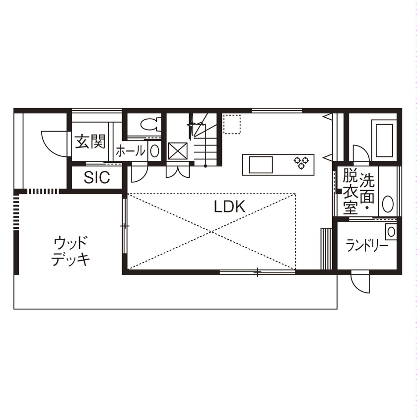 山下建設 【3000万円台／吹抜／家事動線／間取図】ウッドデッキは第2のリビング！内と外のつながりを楽しむ家の間取り図（2LDK+フリースペース）1階