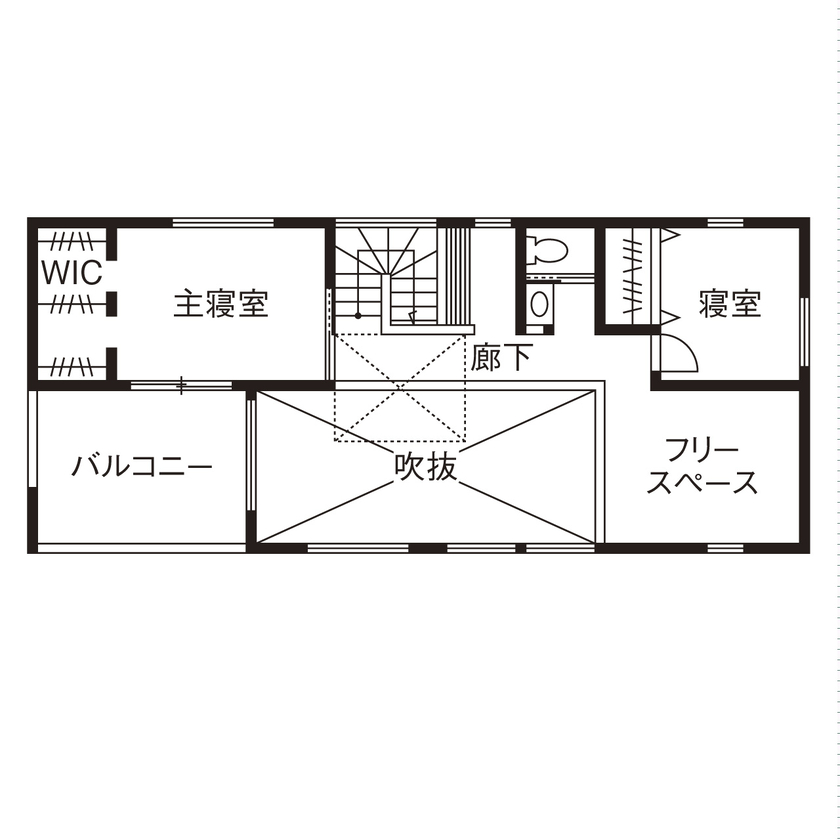 山下建設 【3000万円台／吹抜／家事動線／間取図】ウッドデッキは第2のリビング！内と外のつながりを楽しむ家の間取り図（2LDK+フリースペース）2階