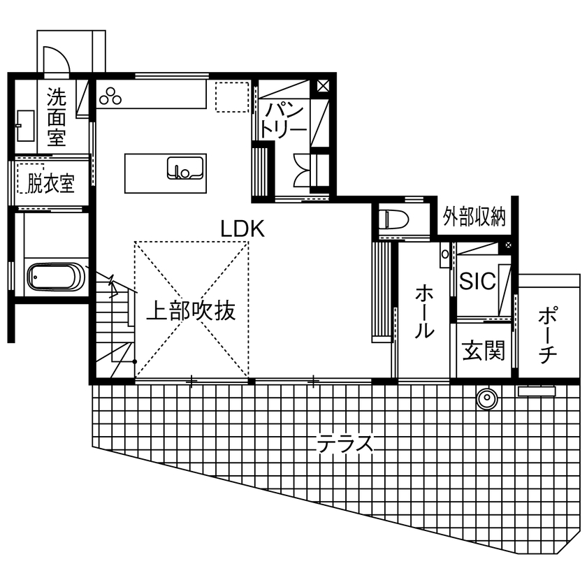 山下建設 【3000万円台／吹抜／テラス／間取図】光と風を感じ、大好きな電車を眺めながら最高の時間を過ごせる住まいの間取り図（2LDK+書斎）1階