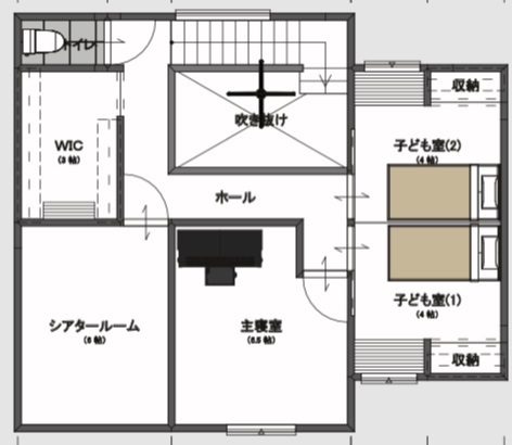 イワキ 【シアタールーム/デザイン住宅/収納充実/間取り図】デザイン性と趣味を兼ね備えた遊び心のある家の間取り図（3LDK+シアタールーム）2階