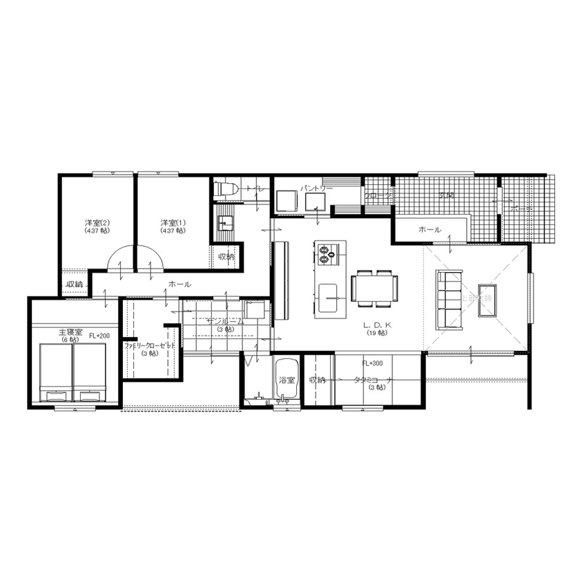 イワキ 【間取り図有/延床30坪/平屋】家事動線を意識した、木のぬくもりに包まれる平屋の間取り図（3LDK＋サンルーム）1階