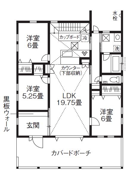 NANA HOME（川越） 【埼玉県/1500～2000万円/30坪/間取り】10回以上のプラン相談で本場アメリカンハウスを実現<平屋＋ロフト>の間取り図（3LDK+小屋裏収納）1階